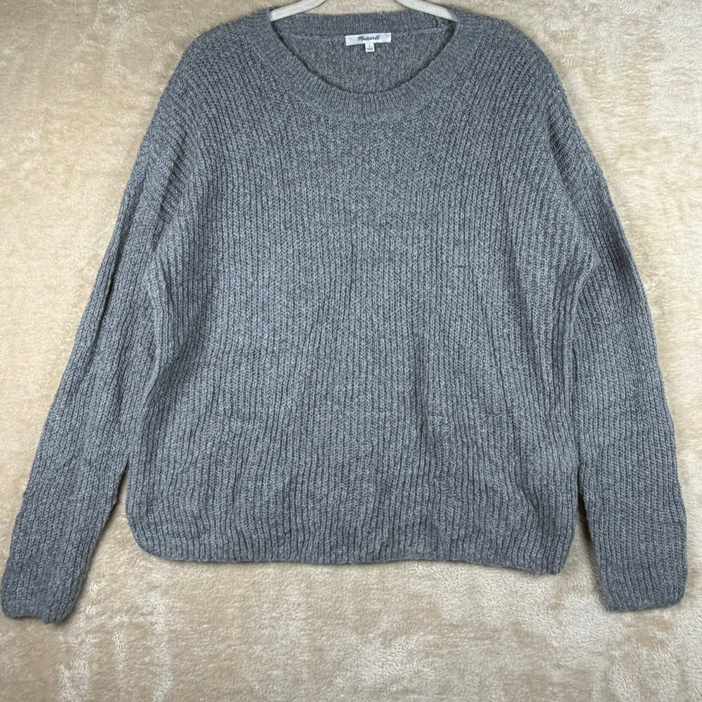 Madewell Womens Alpaca Blend Ribbed Crewneck Sweater Gray L Oversized Soft Girl